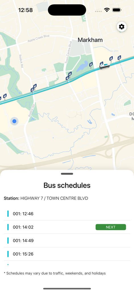 Interface showing real-time bus arrival times and live map tracking for Markham transit