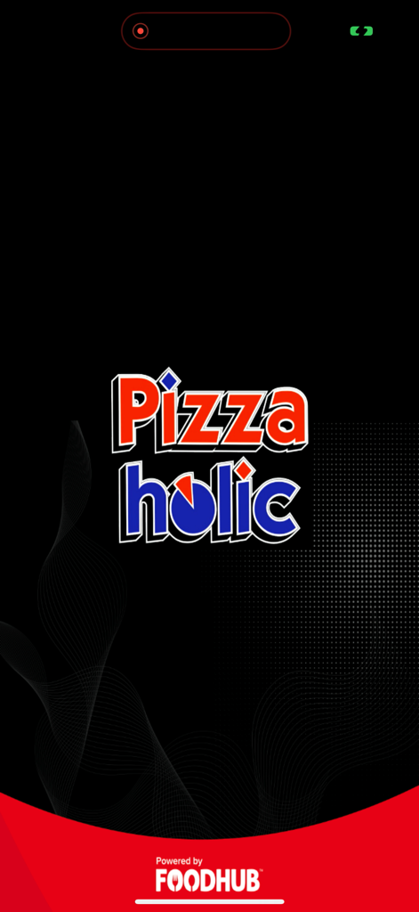Pizzaholic. - Pizzaholic mobile app splash screen featuring the red and blue logo on a black background