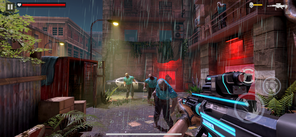 Zombie Fire 3D: Offline Game - First-person shooter view of a player holding a neon-blue rifle aiming at zombies in a rainy city alley.