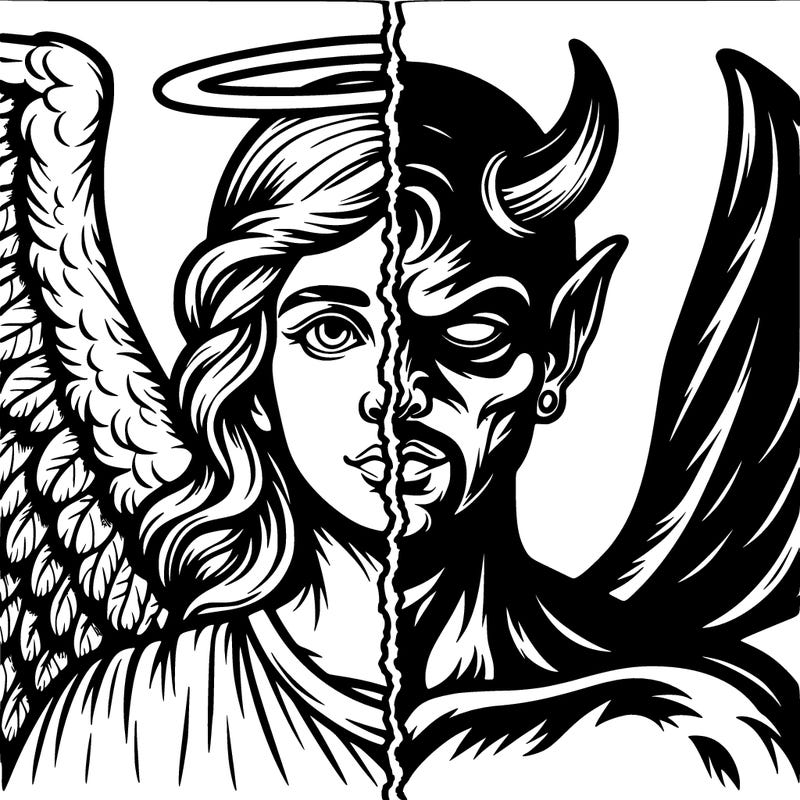 a split with one side a realistic detailed angel and one side a realistic detailed devil