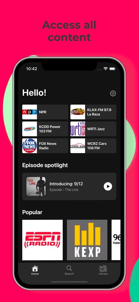 Radiolive · - La schermata principale dell'app mobile Radiolive su un iPhone, con varie stazioni radio e highlights dei podcast.