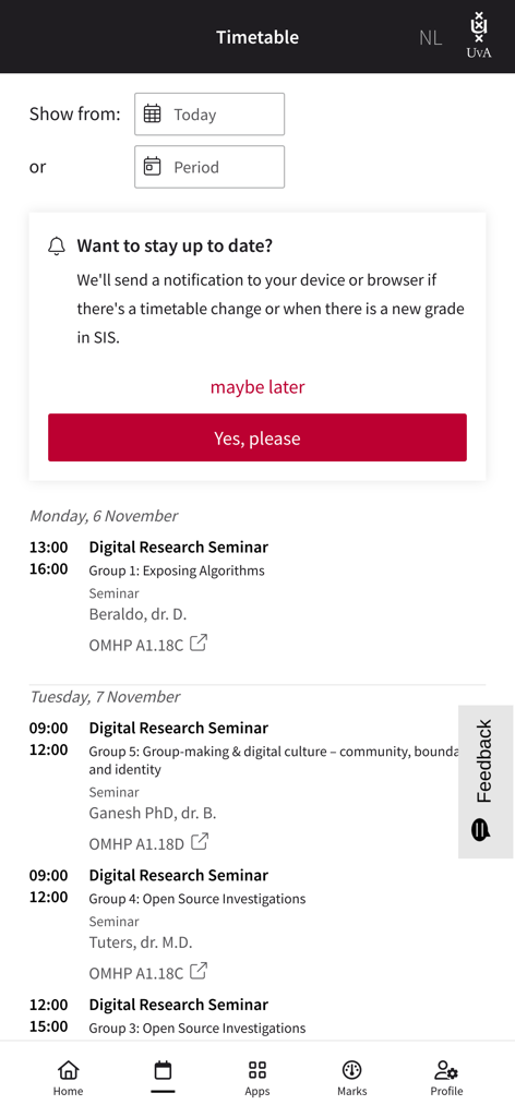 My UvA - University of Amsterdam app timetable screen showing class schedule and notification settings