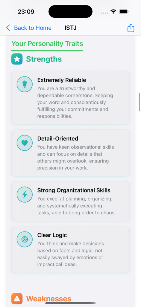 HoopMBTI app screen displaying strengths of the ISTJ personality type such as reliability and logic.