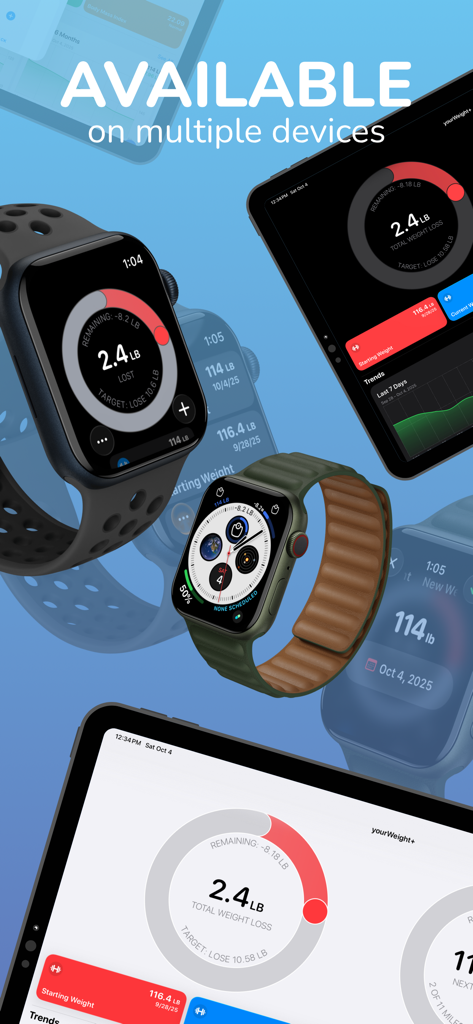 yourWeight app displaying weight loss progress on Apple Watch and iPad.