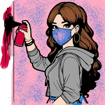 realistic girl with mask spray painting a wall