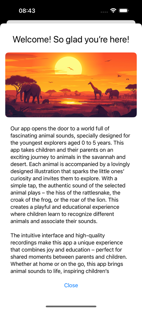 Safari-Sounds - Tela de boas-vindas do aplicativo Safari-Sounds mostrando uma ilustração de pôr do sol na savana e uma introdução educacional para os pais
