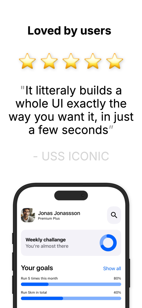 Fünf-Sterne-Nutzerbewertung für das Pixelmost AI App-Prototyping-Tool, das ein KI-generiertes Mobile-UI-Mockup zeigt