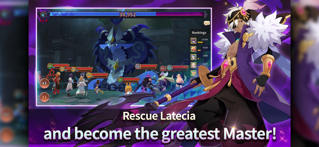 Monster Super League - Gameplay screenshot of a team of Astromons fighting a giant titan boss in Monster Super League