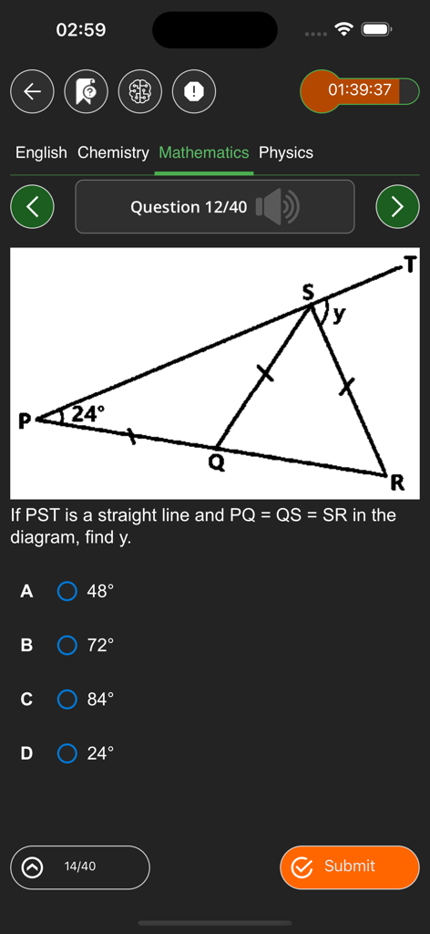 TestDriller UTME - TestDriller UTME 앱의 수학 연습 화면, 삼각형 그림과 객관식 답이 있는 기하학 문제 포함