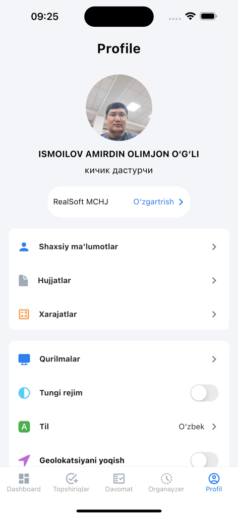 Smart Officе - Écran de profil utilisateur de l'application Smart Office montrant les paramètres du compte et les informations personnelles