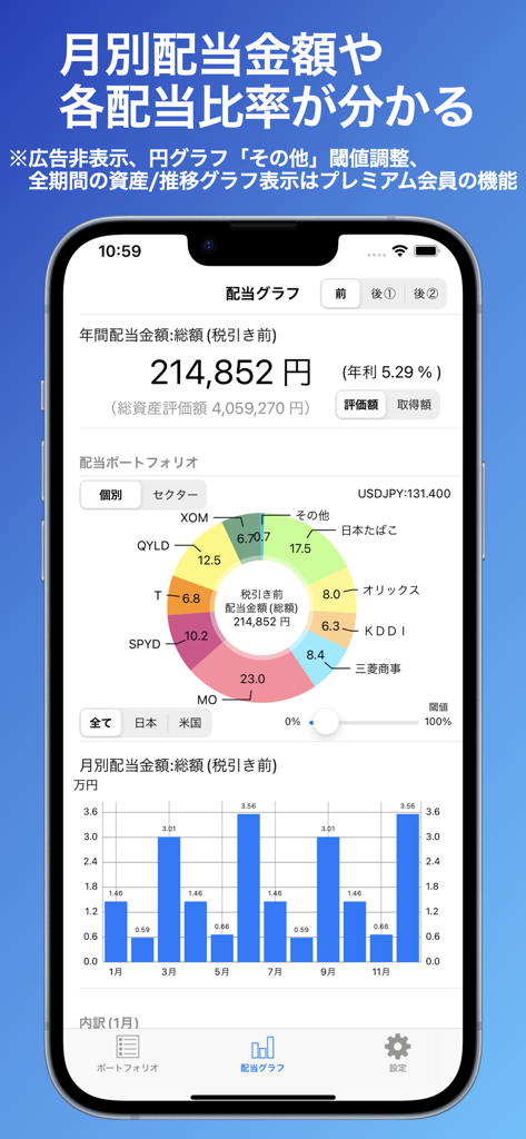 配当管理 - Une interface d'application mobile affichant un portefeuille de dividendes avec un graphique circulaire pour la répartition des actions et un graphique à barres pour les revenus de dividendes mensuels.