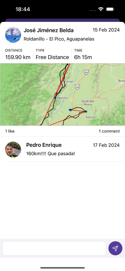 Volandoo Tracker - Volandoo Tracker app interface displaying a paragliding flight log with a map and 160km distance