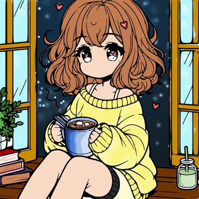 cute anime girl reading book and drinking hot chocolate from mug with loose wavy hair wearing a baggy sweatshirt and shorts sitting by windowsill looking out