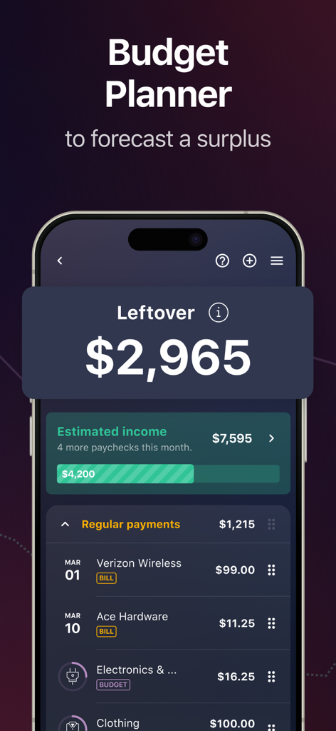 PocketGuard app interface showing the budget planner with a leftover surplus amount and estimated income tracker.