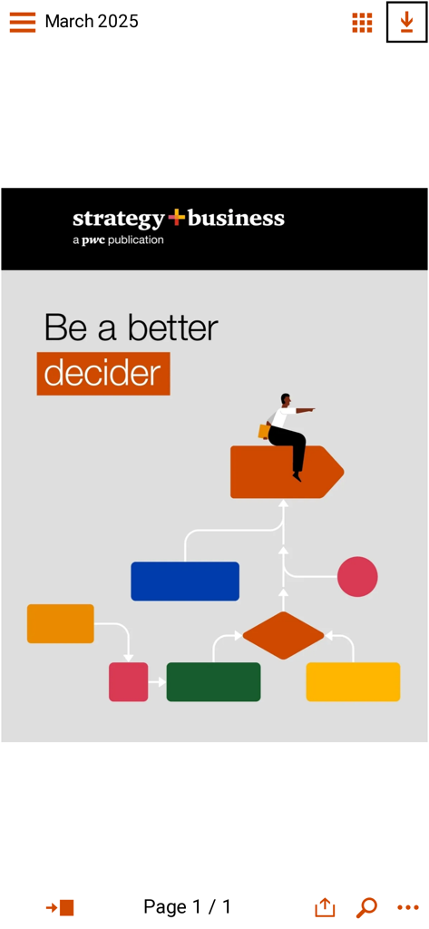 strategy+business magazine - Screenshot of the strategy and business magazine app featuring an article titled Be a better decider with a decision tree illustration