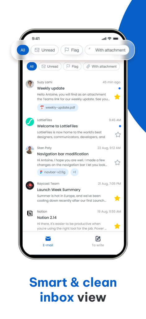 Email App for Hotmail - Una vista de bandeja de entrada inteligente y limpia para la app de correo Hotmail que muestra filtros y mensajes