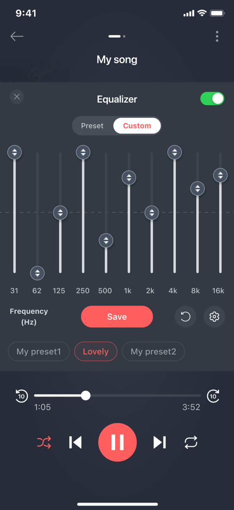 Custom frequency equalizer settings in the Mp3 Cutter app