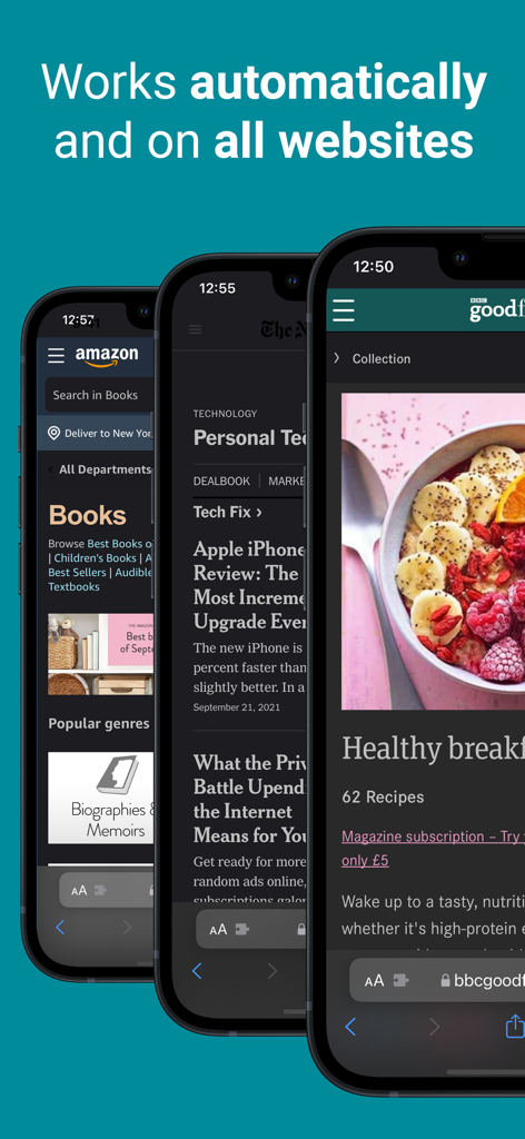 Dark Mode for Safari: NightEye - NightEye extension showing automatic dark mode conversion on Amazon and news websites