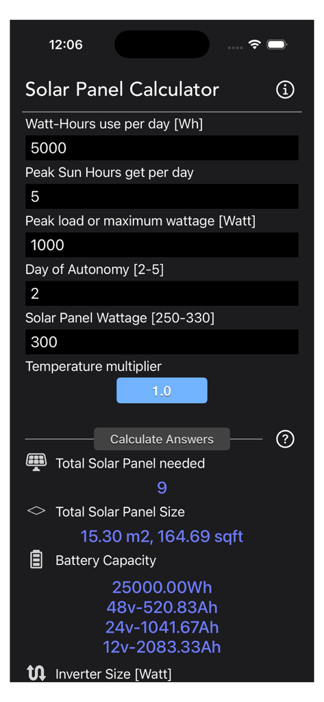 Solar Panel Calculator Plus - Bildschirmansicht der Solarrechner Plus App mit Berechnungen für netzunabhängige Systeme.