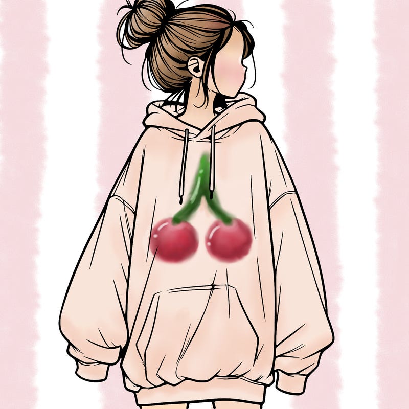 realistic girl with a oversized sweatshirt on and a bun