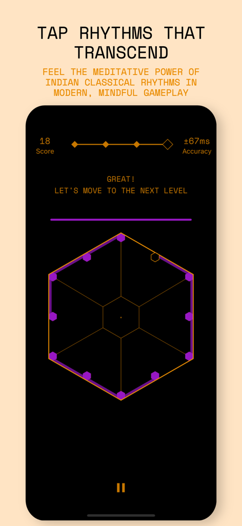 A meditative rhythm game interface in Time Hero featuring a geometric mandala and accuracy score.