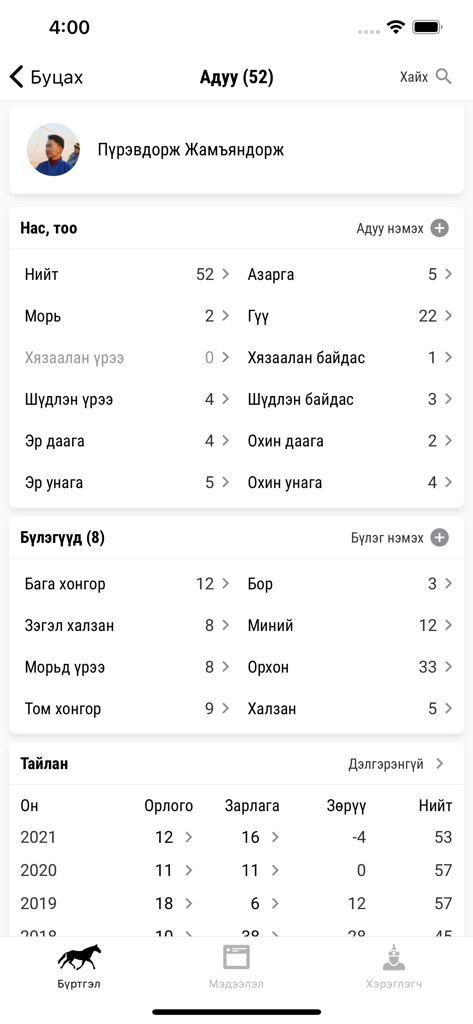 Panel de la aplicación Uyach mostrando el inventario del rebaño de caballos por categoría de edad e informes financieros.