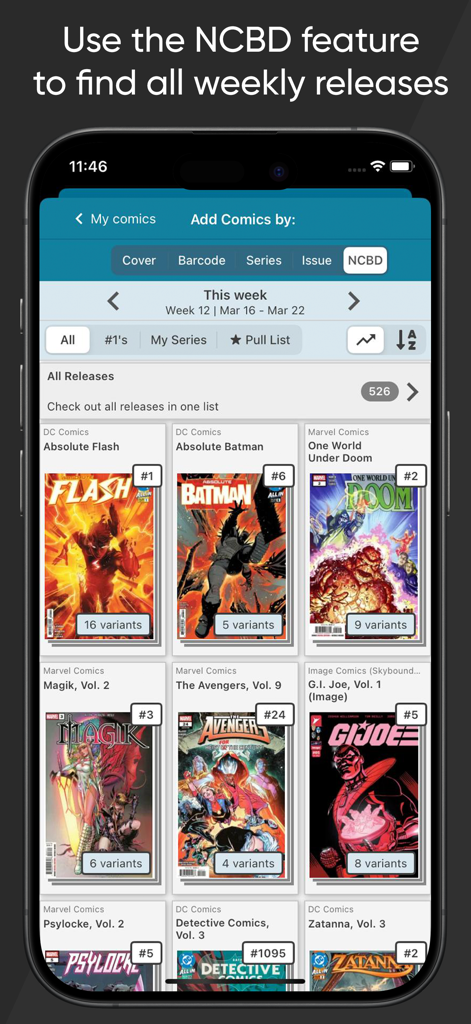 CLZ Comics app interface showing the New Comic Book Day feature with a grid of weekly comic releases.