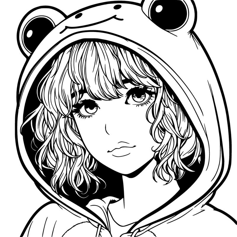a realistic teenage girl with a messy fringe, in a frog onesie with the hood up