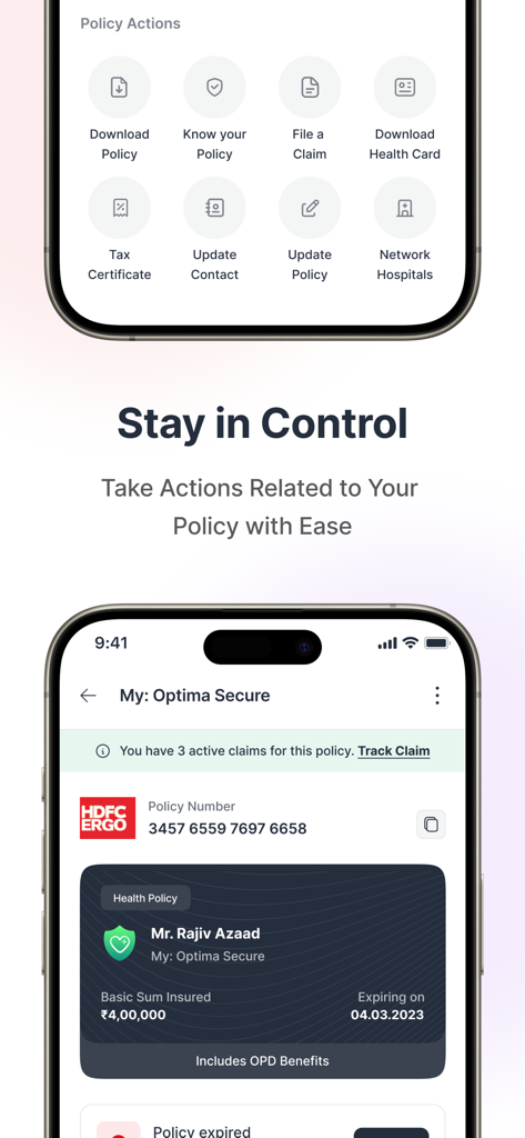 Here by HDFC ERGO - Mobile app interface for managing insurance policies and tracking health insurance claims