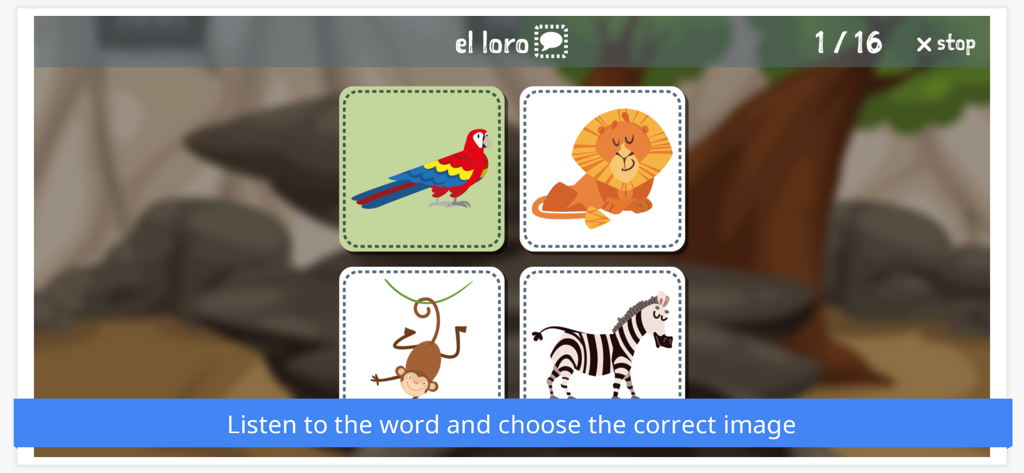 Learn Languages With Emma - Un cuestionario de aprendizaje de español para niños con animales del zoológico como un loro, león, mono y cebra