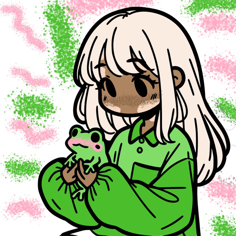 girl with long hair and a oversized shirt. and she is holding a frog