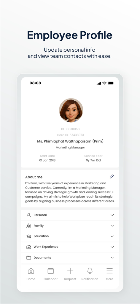 Tiger OpenSpace - Tiger OpenSpace app employee profile interface showing personal details and work experience.