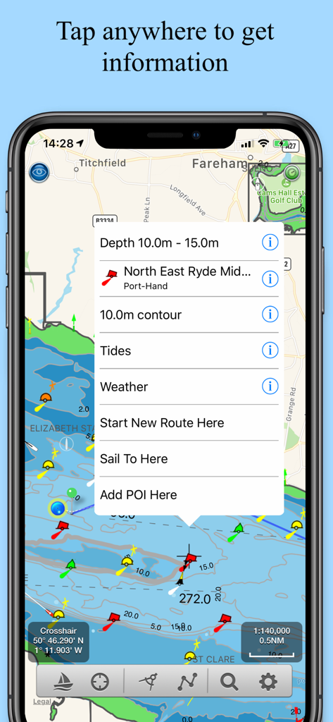 Application de navigation marine SeaNav US montrant la carte nautique et le menu d'informations