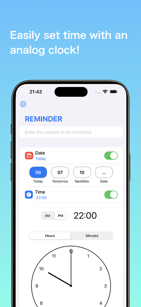 Quick Add Reminders & Calendar - Quick Add Reminders app interface showing time selection using an analog clock for efficient scheduling