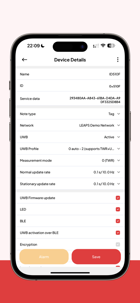 Mobile Ansicht, die die technische Konfiguration und Details eines UWB-Geräts anzeigt, einschließlich Update-Raten und Netzwerkeinstellungen