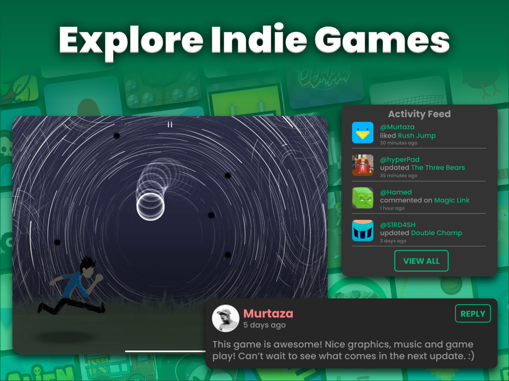 A preview of the hyperPad indie game hub showing user gameplay, an activity feed, and community comments.