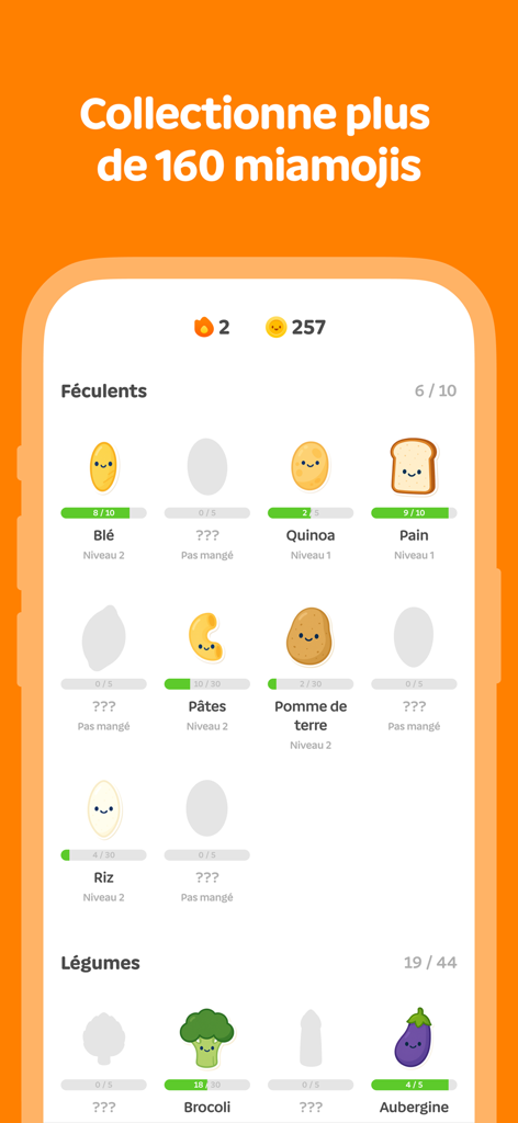 Miamworld : Manger c’est gagné - Miamworld 앱 화면에 미아모지라고 불리는 귀여운 음식 재료 캐릭터 컬렉션이 표시됩니다.