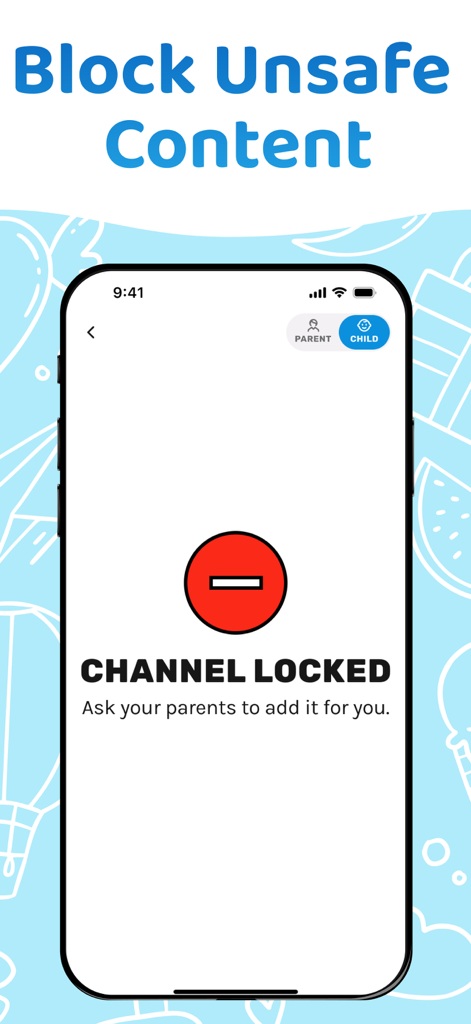 Kids Videos Mode for Youtube - Smartphone screen showing a locked YouTube channel message for child safety parental control
