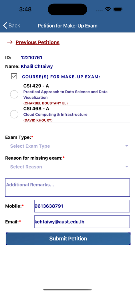 AUST - Ein Bildschirm einer mobilen Anwendung, der ein digitales Antragsformular für eine Nachholprüfung an der AUST-Universität zeigt.