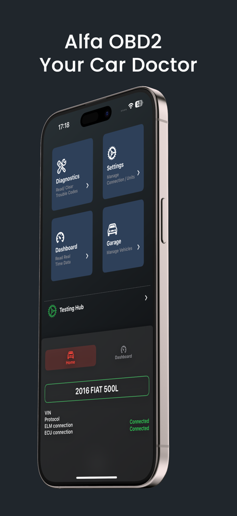 Menú principal de la aplicación Alfa OBD2 Car Scanner mostrando opciones de diagnóstico y panel de datos en tiempo real