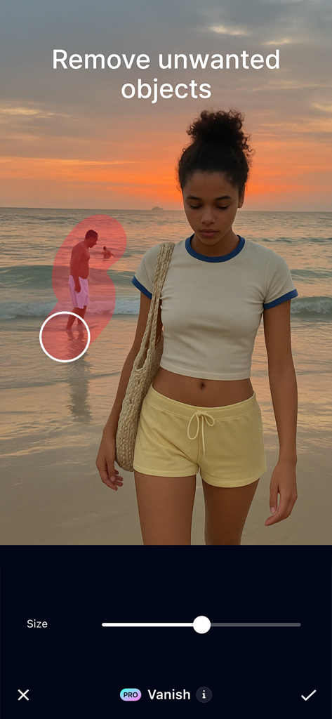 GlowUp 앱 Vanish 도구를 사용하여 일몰 해변 사진에서 원치 않는 사람들을 제거하는 여성