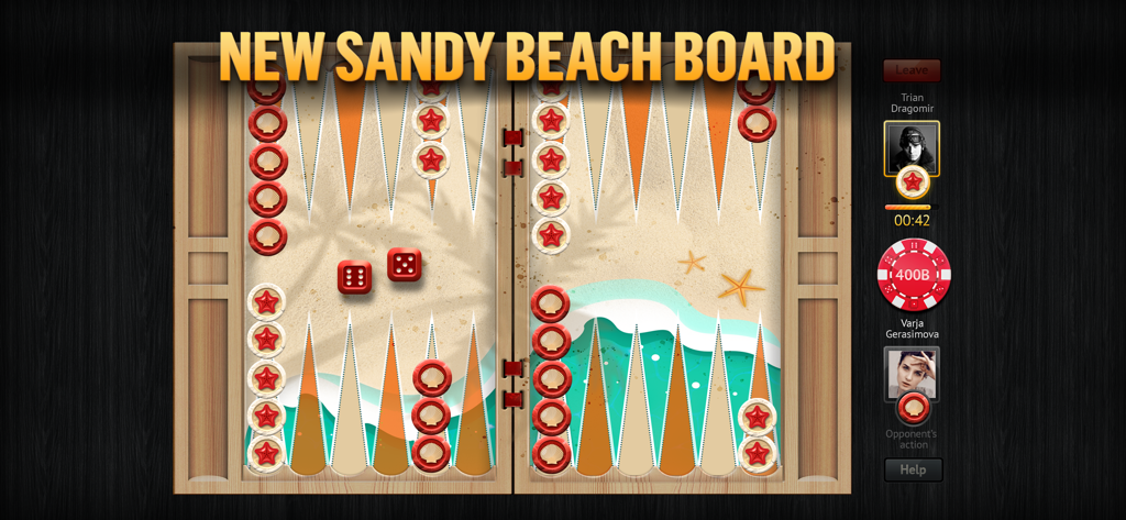 PlayGem Backgammon Live Online - A live online backgammon match on a sandy beach themed board with red and white checkers