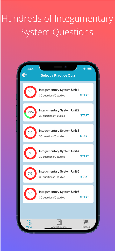 Practice quiz selection screen in the Integumentary System Quizzes app showing unit progress and question counts.