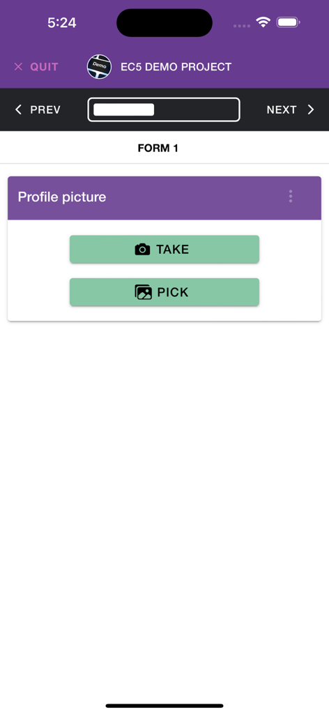 Epicollect5 app interface for a profile picture field showing buttons to take a new photo or pick one from the gallery