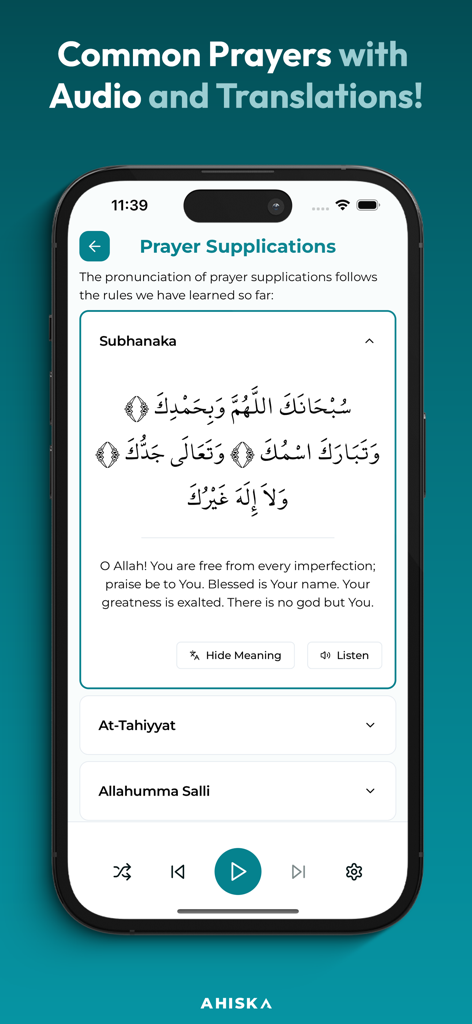 Elif Ba - Learn the Quran - Pantalla de un teléfono inteligente que muestra la oración Subhanaka en árabe e inglés con funciones de audio y traducción.