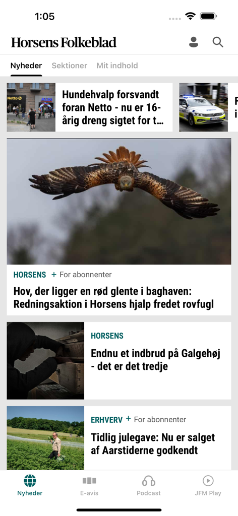 Danish news app Horsens Folkeblad displaying local articles and bottom navigation.