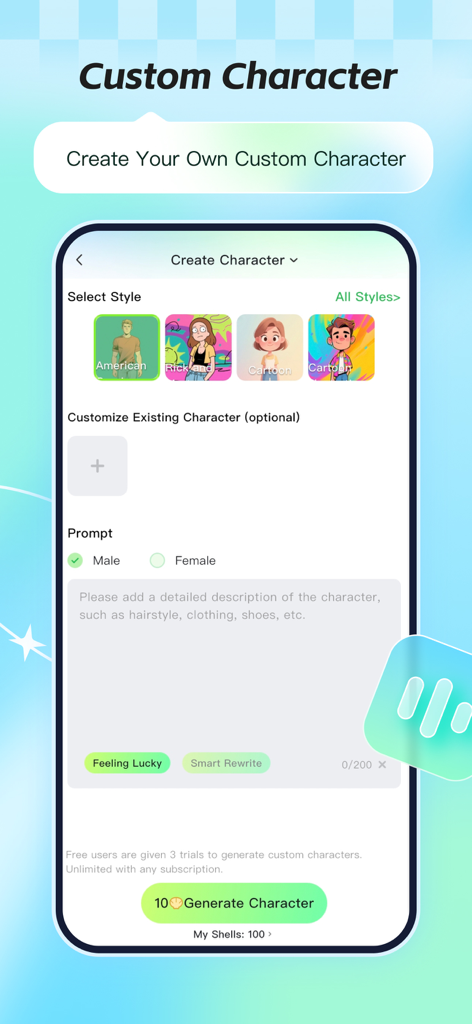 AI Animate - AI Video Maker - AI Animateアプリのインターフェース、スタイル選択とプロンプト入力を備えたカスタムキャラクター作成画面を表示