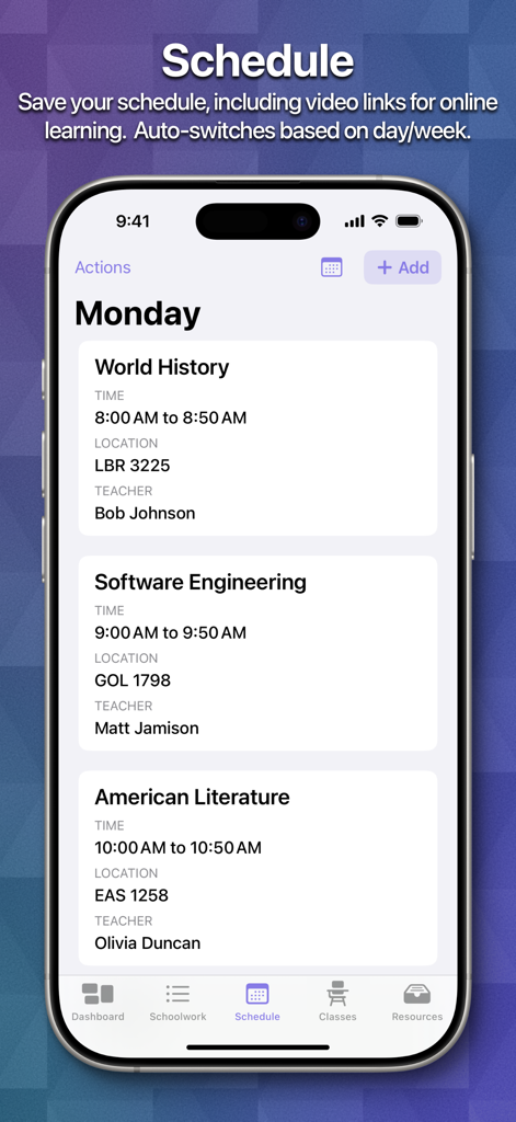 School Assistant Planner app displaying a daily class schedule with times, locations, and teachers.