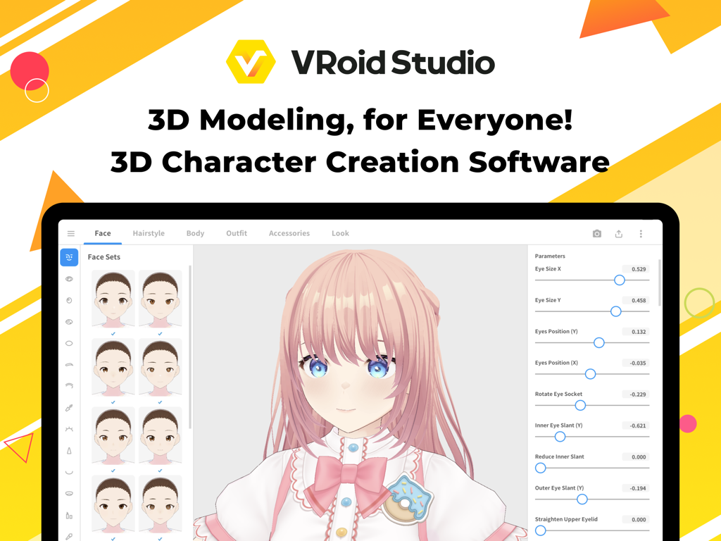 VRoid Studio - VRoid StudioアプリのiPadインターフェース。スライダーと顔のプリセットを使って3Dアニメキャラクターをカスタマイズしている様子を表示