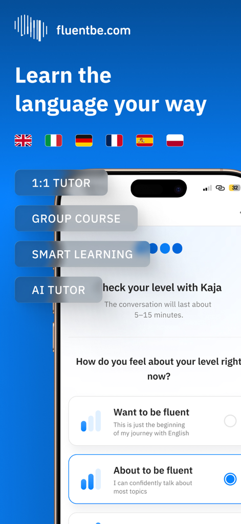 Fluentbe - Fluentbe mobile app interface showing options for 1 on 1 tutors group courses and AI powered smart learning
